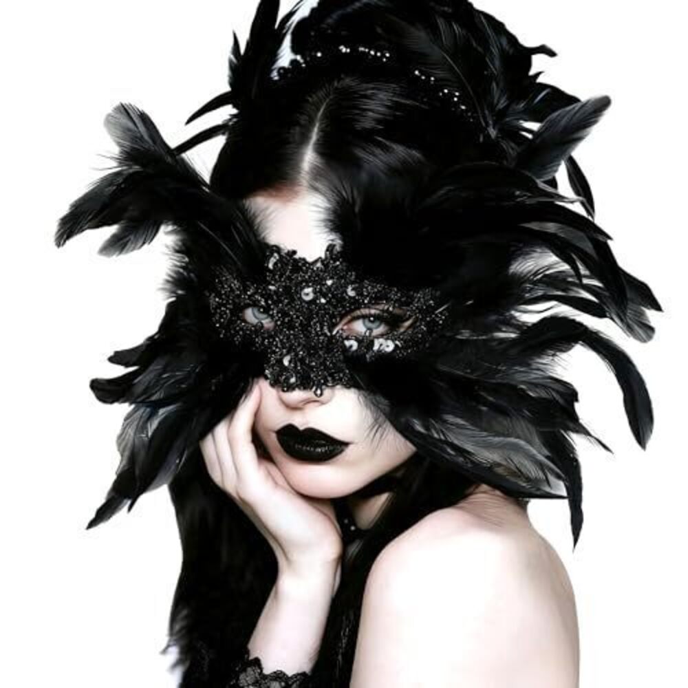 2024 Gothic Black Feather Masquerade Mask Halloween Cosplay Costume